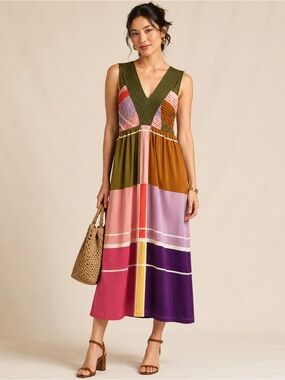 Anthropologie Dear Creatures Vibrant Colorblock Plaid Art Maxi Dress petite M